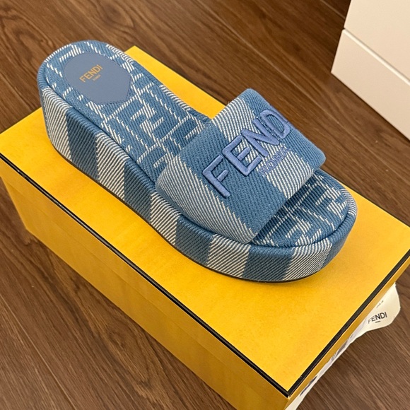 Fendi Shoes - Fendi Denim Blue Embroidered Logo Platform Slide